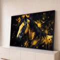 Quadro Decorativo Grande Cavalo com Respingos para Sala | quadros decorativos para sala | cavalo preto com manchas douradas e respingos de tinta amarela sobre fundo escuro | Porao dos Quadros