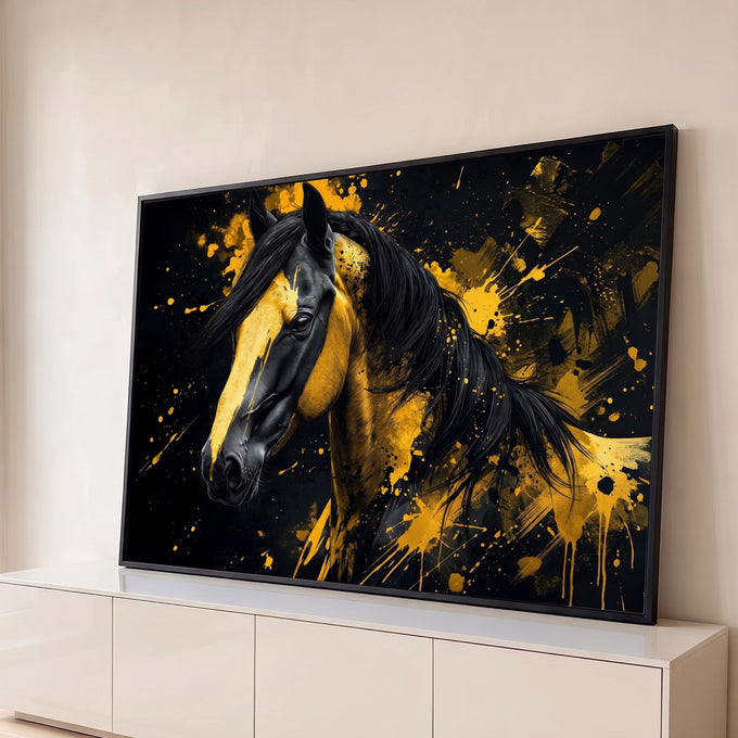 Quadro Decorativo Grande Cavalo com Respingos para Sala | quadros decorativos para sala | cavalo preto com manchas douradas e respingos de tinta amarela sobre fundo escuro | Porao dos Quadros
