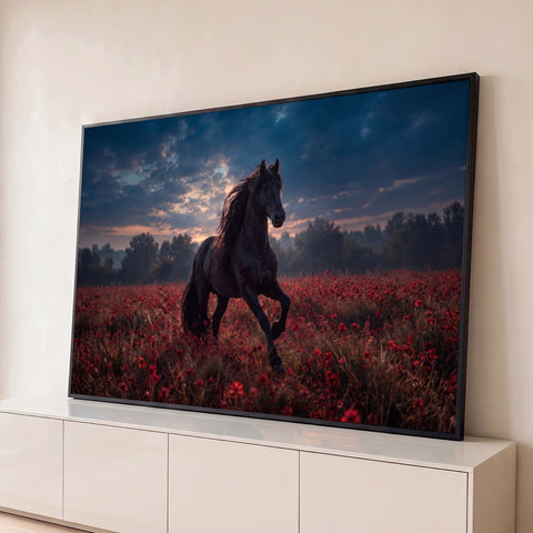 Cavalo frísio negro de crina solta trotando em campo de papoulas vermelhas ao entardecer, quadro decorativo