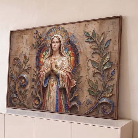Nossa Senhora em prece feita em mosaico, halo de vitral e folhagens sobre parede bege, quadro decorativo
