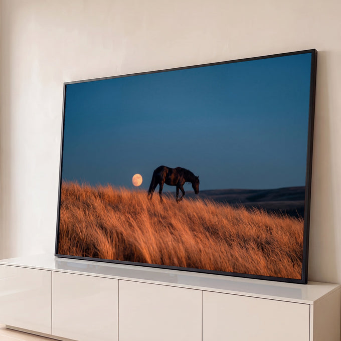 Quadro Decorativo Grande Cavalo Silhueta para Sala Azul | quadros decorativos para sala | cavalo em silhueta caminha sobre campo dourado com lua cheia ao fundo | Porao dos Quadros