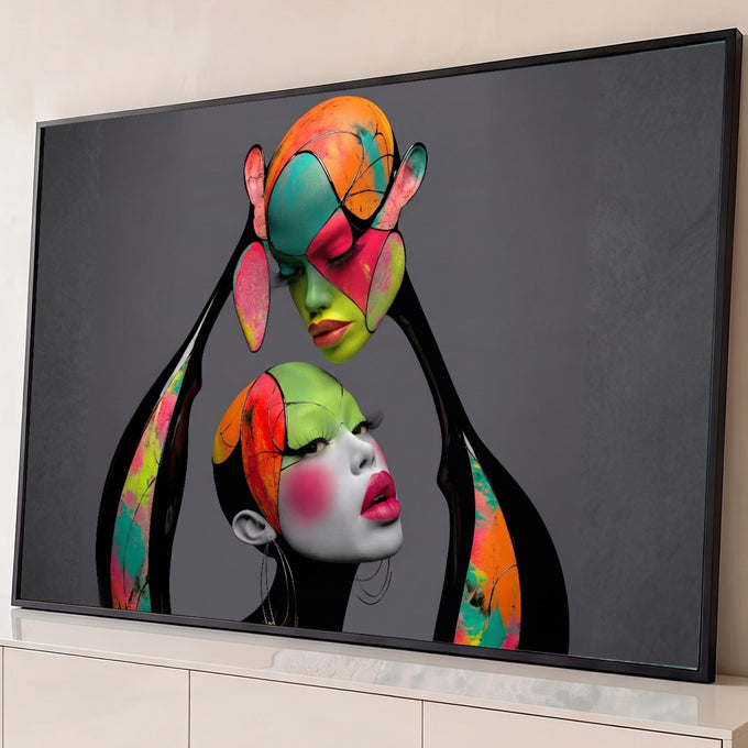 Dois rostos femininos surreais pintados em blocos neon verde, rosa e laranja sobre fundo cinza, quadro decorativo
