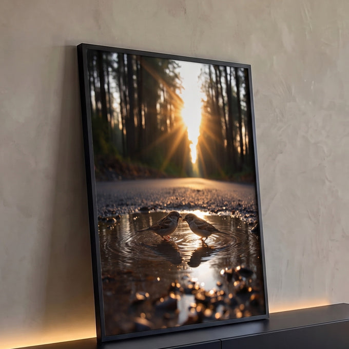 Dois pardais frente a frente em poça com reflexo do sol entre árvores na estrada, quadro decorativo