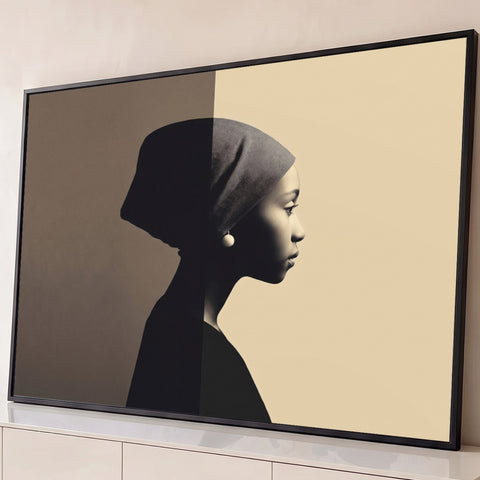 Perfil de mulher negra com turbante e brinco, metade em sombra e metade em luz sépia, quadro decorativo