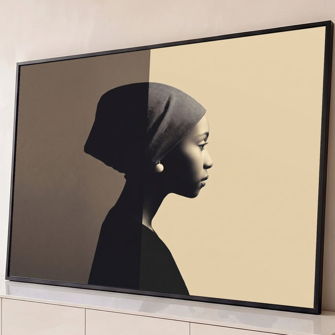 Perfil de mulher negra com turbante e brinco, metade em sombra e metade em luz sépia, quadro decorativo