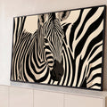 Quadro Decorativo Grande Zebra em Close para Sala Preto | quadros decorativos para sala | close de zebra com listras pretas e fundo bege em estilo gráfico | Porao dos Quadros