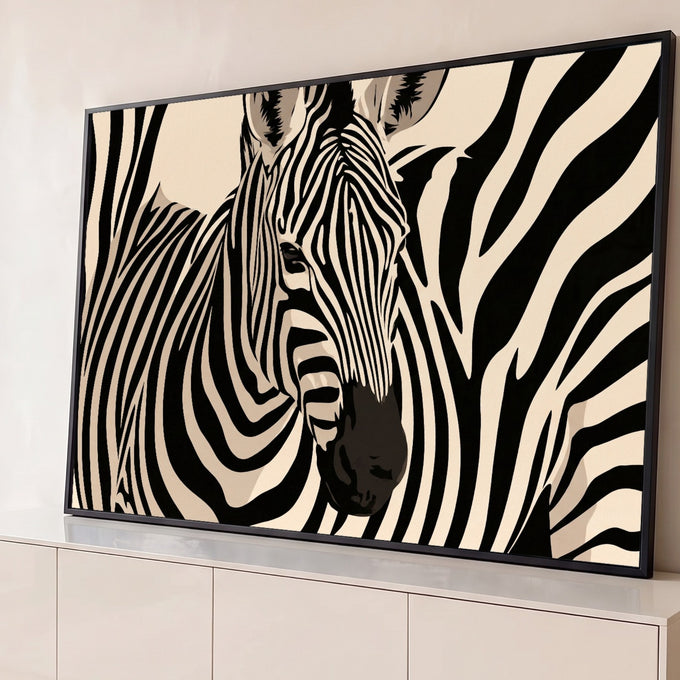 Quadro Decorativo Grande Zebra em Close para Sala Preto | quadros decorativos para sala | close de zebra com listras pretas e fundo bege em estilo gráfico | Porao dos Quadros