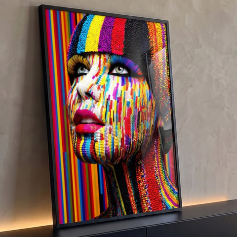 Rosto de mulher coberto de miçangas coloridas em listras arco-íris sobre fundo listrado, quadro decorativo