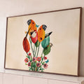 Quadro Decorativo Grande Folhas para Sala Laranja | quadros decorativos para sala | folhas coloridas com rostos de pássaros, flores e borboletas em fundo bege | Porao dos Quadros