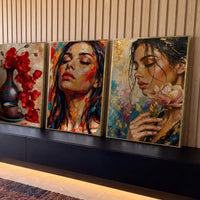 Quadro Decorativo Kit 3 Telas Mulheres Papoulas para Sala - Borda Infinita / 65x40cm cada tela