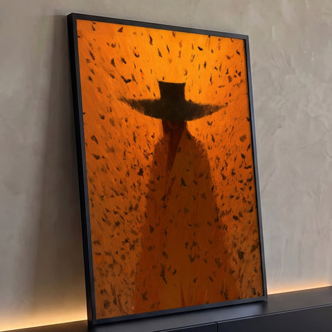 Silhueta de mulher com chapéu largo preto entre folhas pretas ao vento em fundo laranja, quadro decorativo