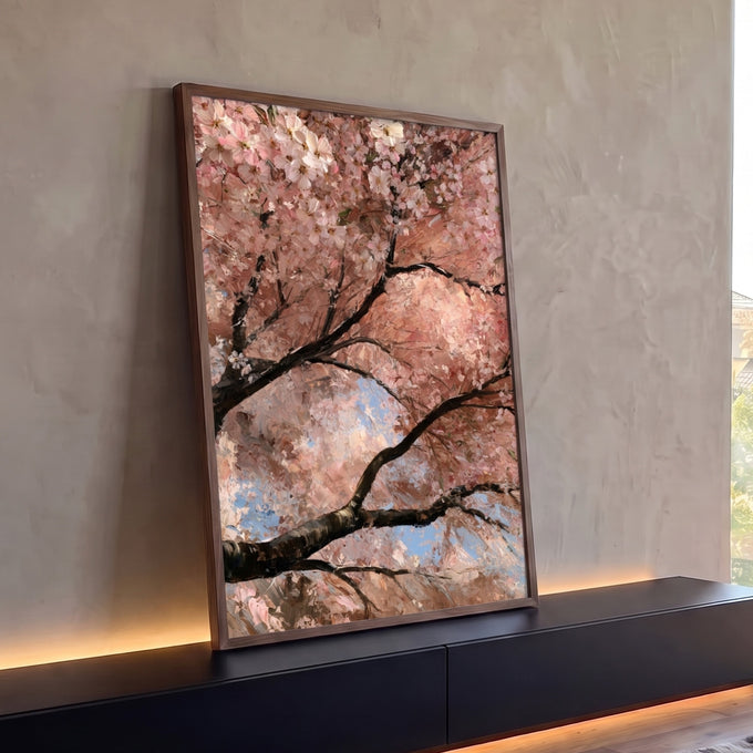 Quadro Decorativo Flores de Cerejeira em Pinceladas Rosa | quadros decorativos para sala | flores de cerejeira rosa e branco cobrindo galhos escuros com céu azul ao fundo | Porao dos Quadros