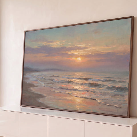 Pôr do sol sobre o mar com ondas suaves e areia molhada em pintura a óleo pastel, quadro decorativo
