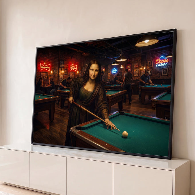 Mona Lisa com taco de sinuca em mesa de bilhar verde, bar de tijolos com letreiros neon, quadro decorativo
