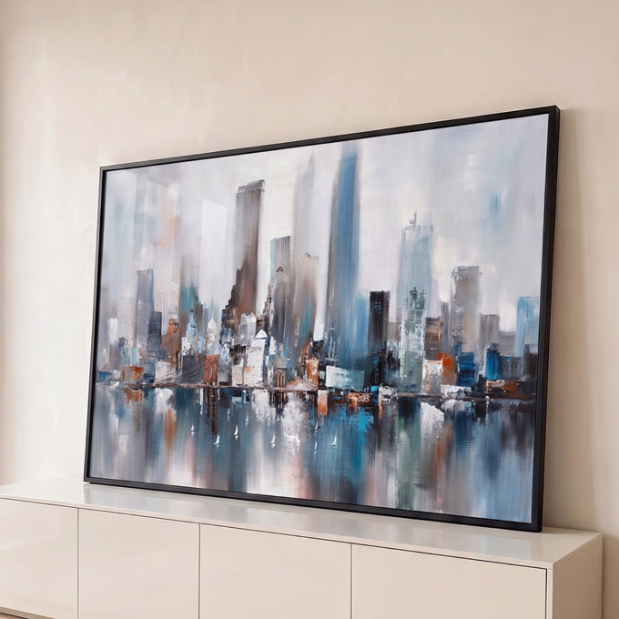Quadro Decorativo Grande Skyline Urbano para Sala Cinza | quadros decorativos para sala | skyline urbano abstrato em cinza e azul com ponte e reflexo na água | Porao dos Quadros