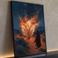 Quadro Decorativo Sarça Ardente sob Céu Estrelado Estilo | quadros decorativos para sala | homem de manto caminha até arbusto em chamas sob céu estrelado em espiral | Porao dos Quadros
