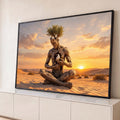 Quadro Decorativo Grande Figura de Madeira Marrom para Sala | quadros decorativos para sala | figura humanoide de tronco em meditação com pomba branca no peito ao pôr do sol | Porao dos Quadros