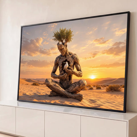 Homem-árvore de madeira meditando nas dunas ao pôr do sol com pomba branca no peito, quadro decorativo