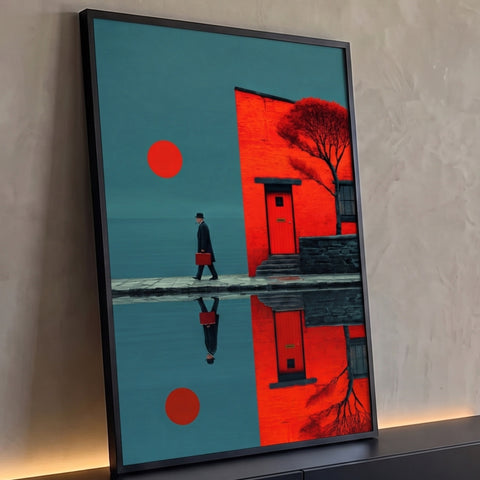 Homem de chapéu com maleta vermelha, casa e sol vermelhos refletidos na água azul, quadro decorativo