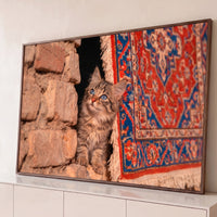 Quadro Decorativo Grande Gato Tapete Persa para Sala Marrom - Borda Infinita / 65x100cm