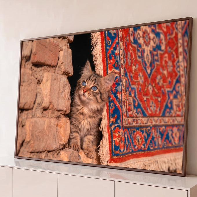 Gatinho rajado de olhos azuis entre parede de pedra e tapete persa vermelho e azul, quadro decorativo