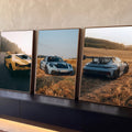 Quadro Decorativo Grande Trio de Carros para Sala Amarelo | quadros decorativos para sala | três carros esportivos em cenário de campo e estrada ao entardecer | Porao dos Quadros