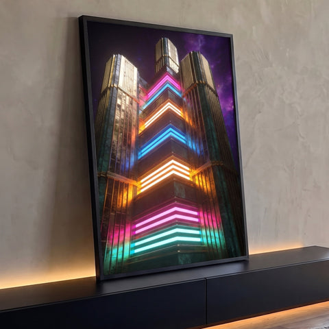 Torre art déco em mármore escuro e dourado com faixas neon coloridas sob céu roxo estrelado, quadro decorativo