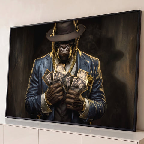 Gorila de terno e fedora segurando dólares com corrente de ouro em fundo escuro, quadro decorativo