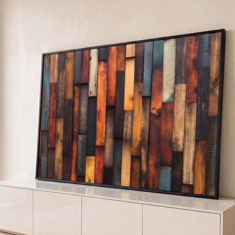 Ripas de madeira rústica em marrom, laranja, preto e azul envelhecido, textura de painel, quadro decorativo