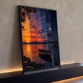Pôr do sol se transformando em noite estrelada com lua cheia sobre lago e barco de madeira, quadro decorativo