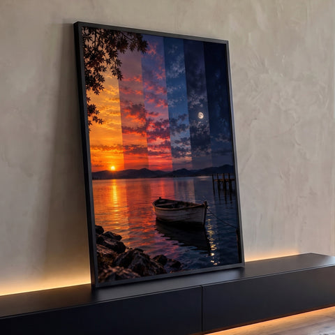 Pôr do sol se transformando em noite estrelada com lua cheia sobre lago e barco de madeira, quadro decorativo