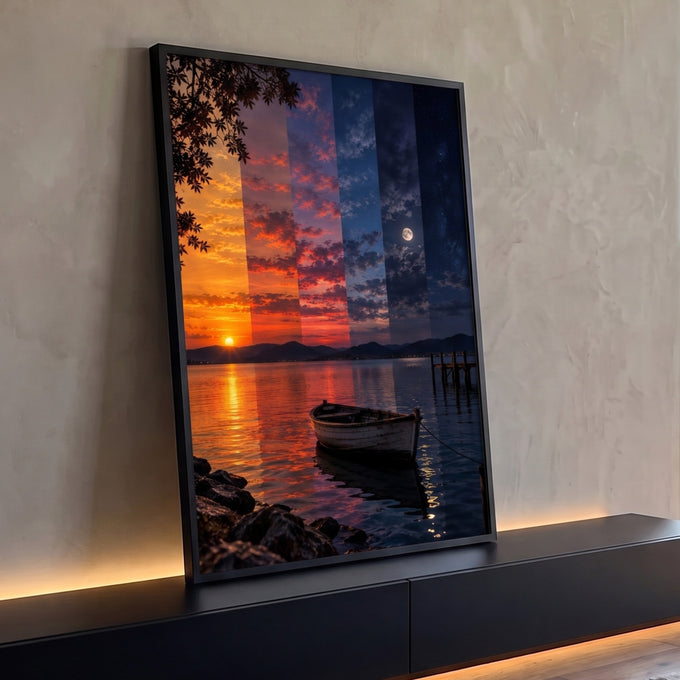 Pôr do sol se transformando em noite estrelada com lua cheia sobre lago e barco de madeira, quadro decorativo