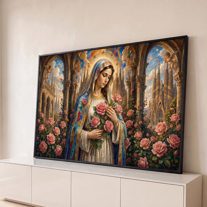 Nossa Senhora em mosaico segurando rosas cor-de-rosa, querubins e catedral gótica ao fundo, quadro decorativo