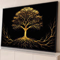 Quadro Decorativo Grande Árvore da Vida Preto para Sala | quadros decorativos para sala | árvore da vida dourada com raízes simétricas sobre fundo preto | Porao dos Quadros
