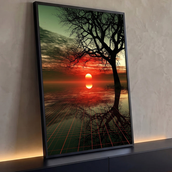 Árvore seca em silhueta, sol vermelho no horizonte e grade neon refletida na água, quadro decorativo