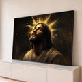 Quadro Decorativo Grande Jesus Luz Divina para Sala Preto | quadros decorativos para sala | Jesus Cristo olhando para cima com auréola dourada em forma de estrela sobre fundo escuro | Porao dos Quadros