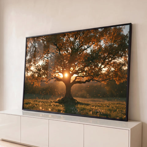 Árvore frondosa de outono com o sol atrás do tronco e folhas caindo sobre o campo, quadro decorativo