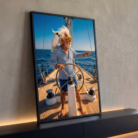 Marinheiro idoso de óculos amarelos e cacatua no leme de veleiro em mar azul, quadro decorativo