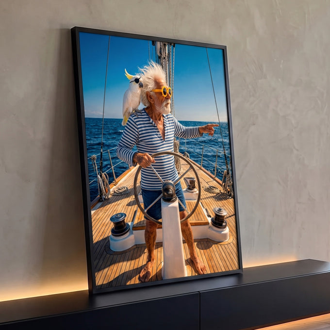 Quadro Decorativo Grande Marinheiro e Cacatua para Sala Azul | quadros decorativos para sala | homem idoso de óculos amarelos no leme de um veleiro com cacatua no ombro | Porao dos Quadros