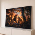 Quadro Decorativo Grande Família Leoa para Sala Laranja | quadros decorativos para sala | família de leões sobre rocha em floresta ao pôr do sol laranja | Porao dos Quadros