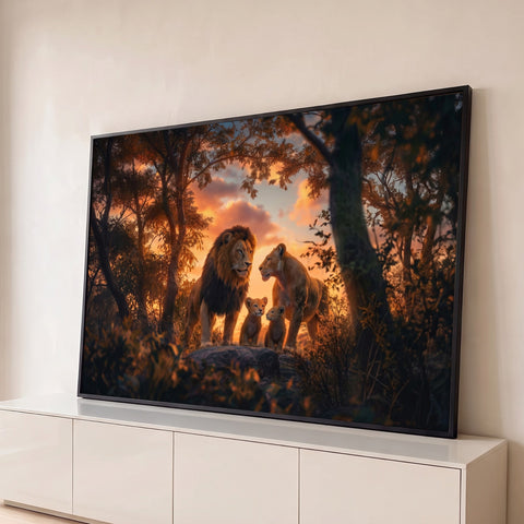 Leão, leoa e dois filhotes em floresta ao pôr do sol com céu laranja, quadro decorativo