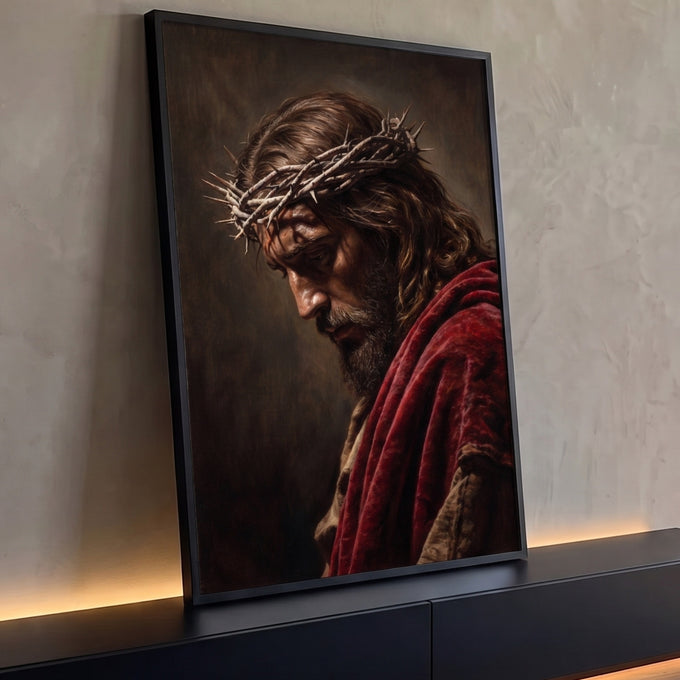 Quadro Decorativo Grande Jesus Cristo Espinhos para Sala | quadros decorativos para sala | Jesus Cristo de perfil com coroa de espinhos e manto vermelho em pintura realista | Porao dos Quadros