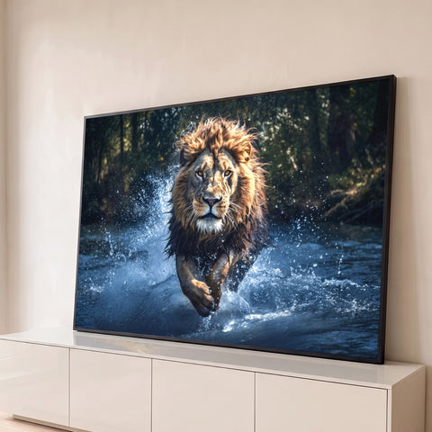 Leão de juba dourada correndo pelo rio azul entre respingos de água e floresta escura, quadro decorativo