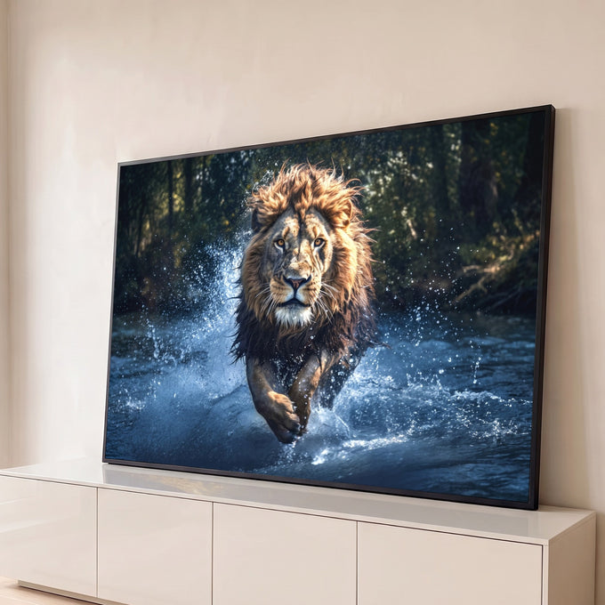 Leão de juba dourada correndo pelo rio azul entre respingos de água e floresta escura, quadro decorativo