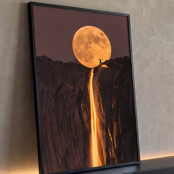 Lua cheia gigante sobre penhasco com silhueta humana e cachoeira dourada de fogo, quadro decorativo