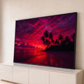 Quadro Decorativo Grande Pôr do Sol Praia para Sala Vermelho | quadros decorativos para sala | pôr do sol vermelho intenso com palmeiras em silhueta e mar refletindo o céu | Porao dos Quadros