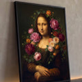 Quadro Decorativo Grande Mona Lisa Clássico para Sala Rosa | quadros decorativos para sala | retrato de mulher clássica emoldurada por guirlanda de peônias e rosas em tons rosados | Porao dos Quadros