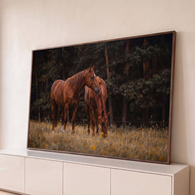 Dois cavalos castanhos, um pastando, em campo dourado com flores amarelas e mata escura, quadro decorativo