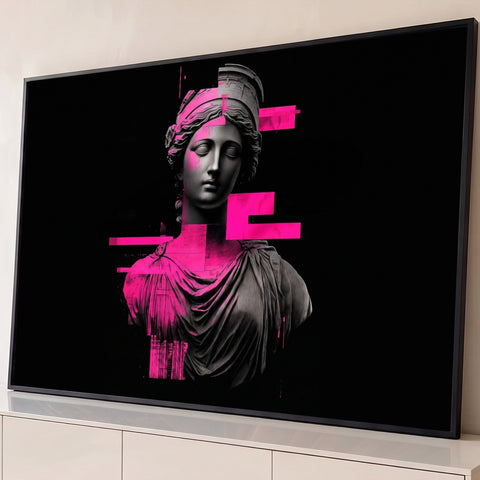 Busto de deusa grega em mármore cinza com faixas glitch rosa neon sobre fundo preto, quadro decorativo