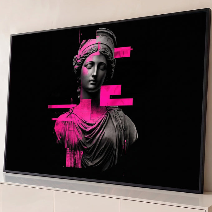 Busto de deusa grega em mármore cinza com faixas glitch rosa neon sobre fundo preto, quadro decorativo